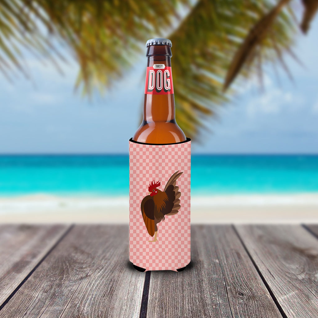 Malaysian Serama Chicken Pink Check Slim Can Hugger , Insulated Foam Hugger for 12 oz Slim Cans, Beer Bottles & Water Bottles, Printed in USA