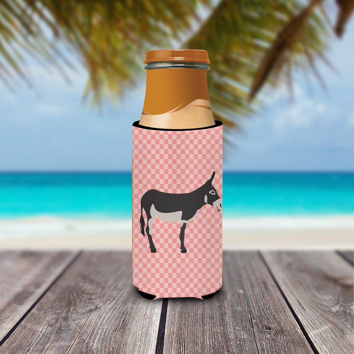 American Mammoth Jack Donkey Pink Check Slim Can Hugger , Insulated Foam Hugger for 12 oz Slim Cans, Beer Bottles & Water Bottles, Printed in USA