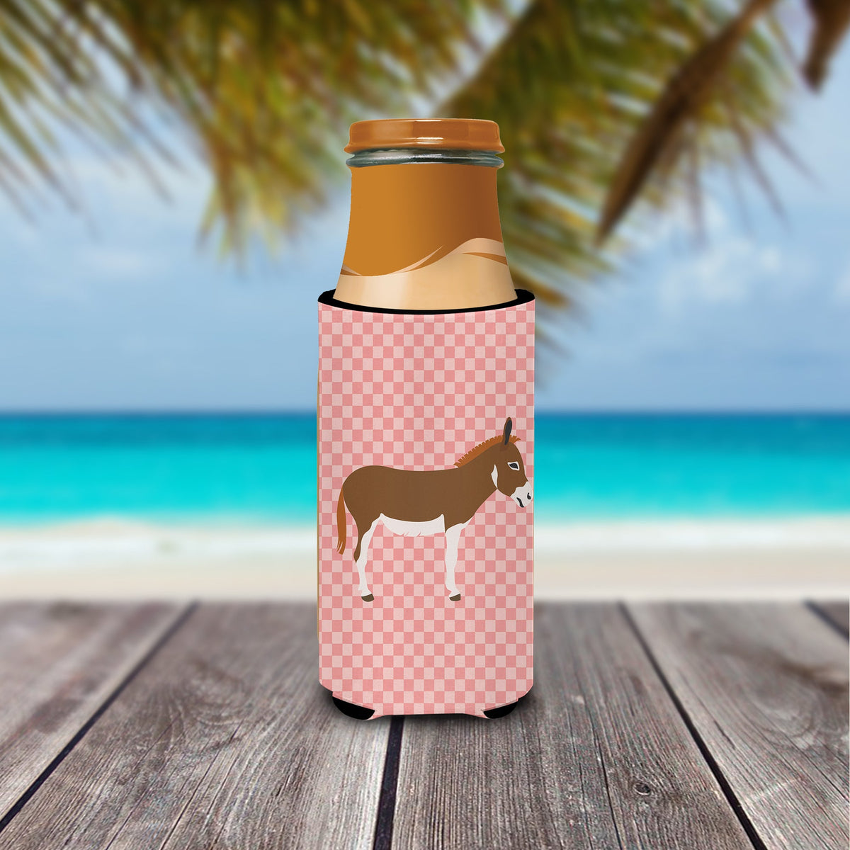 Miniature Mediterranian Donkey Pink Check Slim Can Hugger , Insulated Foam Hugger for 12 oz Slim Cans, Beer Bottles & Water Bottles, Printed in USA