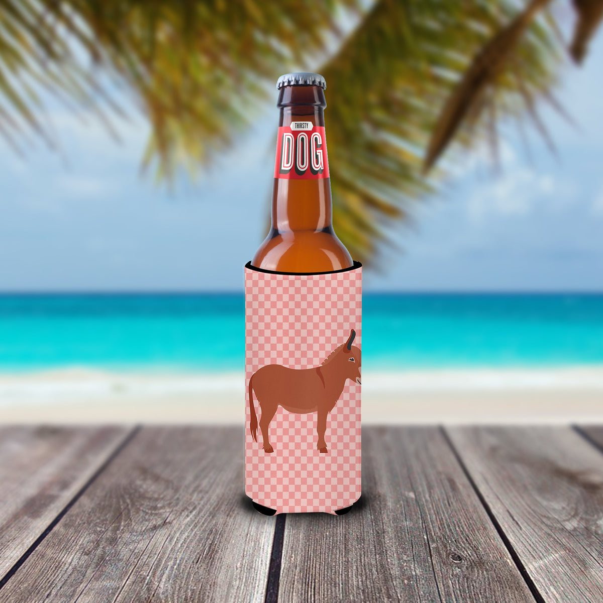 Irish Donkey Pink Check Slim Can Hugger , Insulated Foam Hugger for 12 oz Slim Cans, Beer Bottles & Water Bottles, Printed in USA