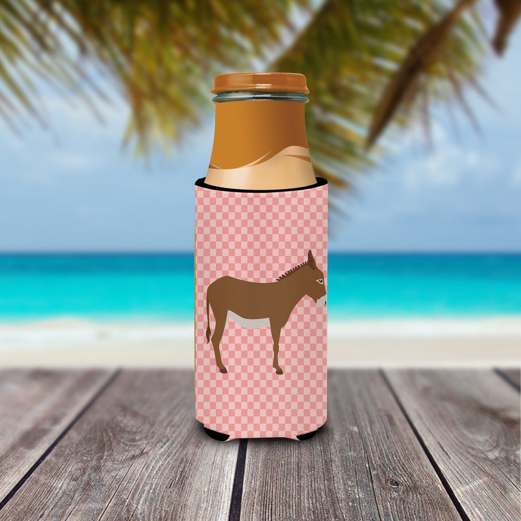 Cotentin Donkey Pink Check Slim Can Hugger , Insulated Foam Hugger for 12 oz Slim Cans, Beer Bottles & Water Bottles, Printed in USA