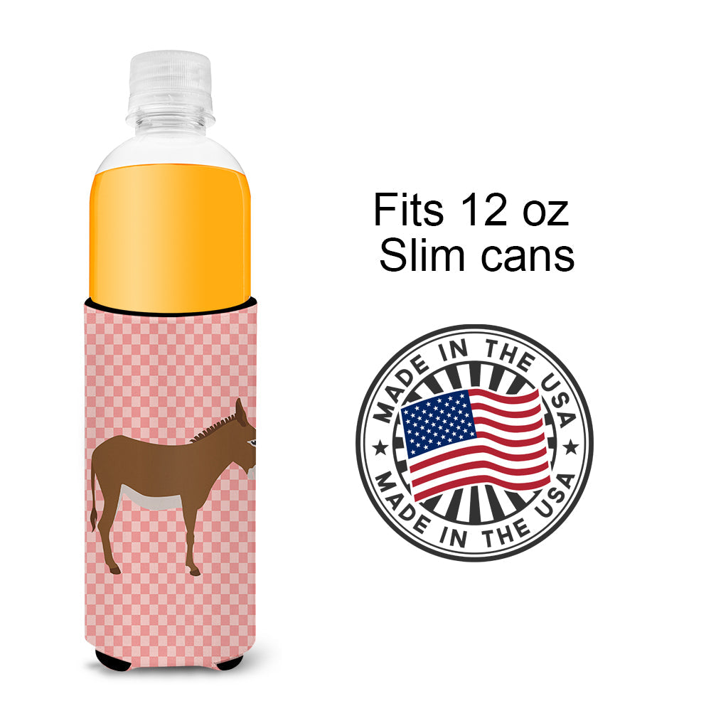 Cotentin Donkey Pink Check Slim Can Hugger , Insulated Foam Hugger for 12 oz Slim Cans, Beer Bottles & Water Bottles, Printed in USA