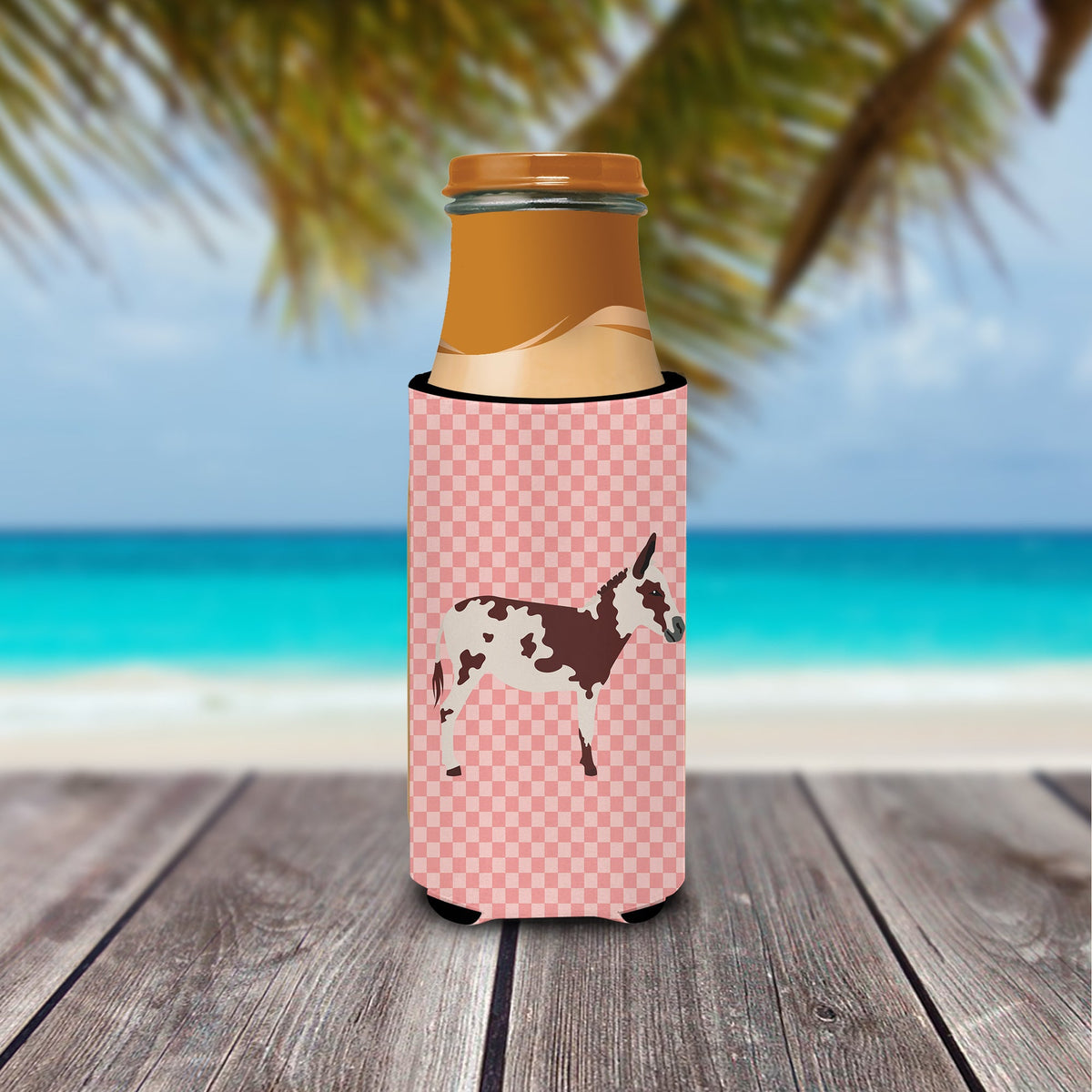 American Spotted Donkey Pink Check Slim Can Hugger , Insulated Foam Hugger for 12 oz Slim Cans, Beer Bottles & Water Bottles, Printed in USA