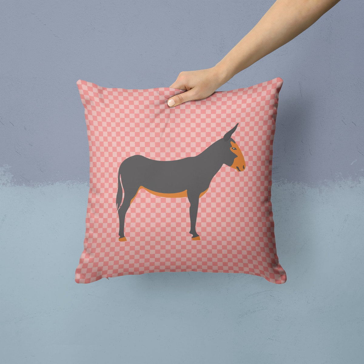 Catalan Donkey Pink Check Decorative Throw Pillow 14x14 Indoor Outdoor Accent Cushion, Fabric Cover with Insert for Sofa, Bed, Porch & Living Room