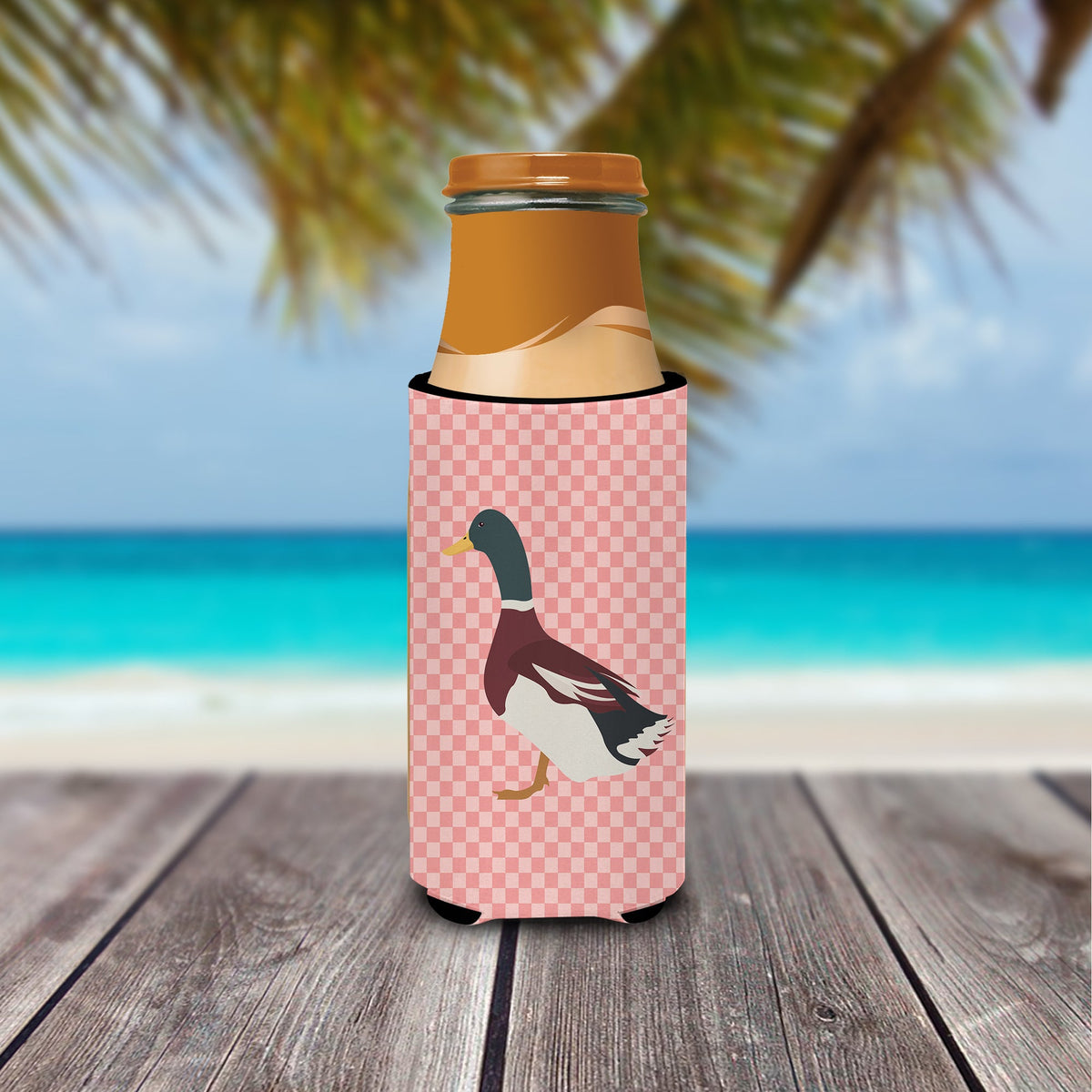 Rouen Duck Pink Check Slim Can Hugger , Insulated Foam Hugger for 12 oz Slim Cans, Beer Bottles & Water Bottles, Printed in USA