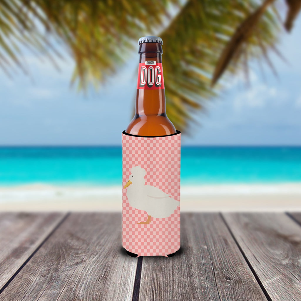 Crested Duck Pink Check Slim Can Hugger , Insulated Foam Hugger for 12 oz Slim Cans, Beer Bottles & Water Bottles, Printed in USA