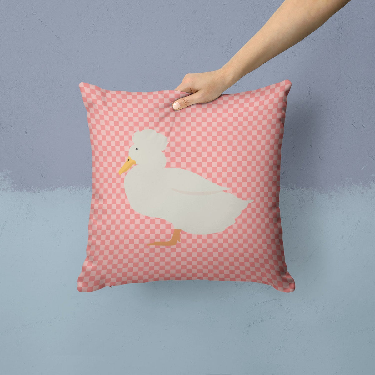Crested Duck Pink Check Decorative Throw Pillow 14x14 Indoor Outdoor Accent Cushion, Fabric Cover with Insert for Sofa, Bed, Porch & Living Room