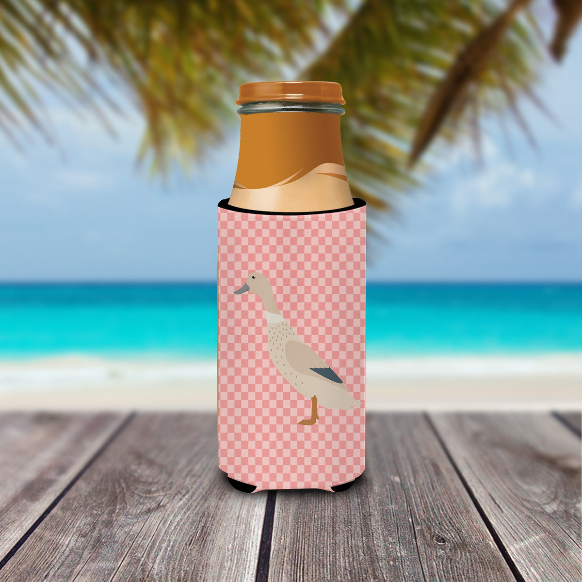West Harlequin Duck Pink Check Slim Can Hugger , Insulated Foam Hugger for 12 oz Slim Cans, Beer Bottles & Water Bottles, Printed in USA