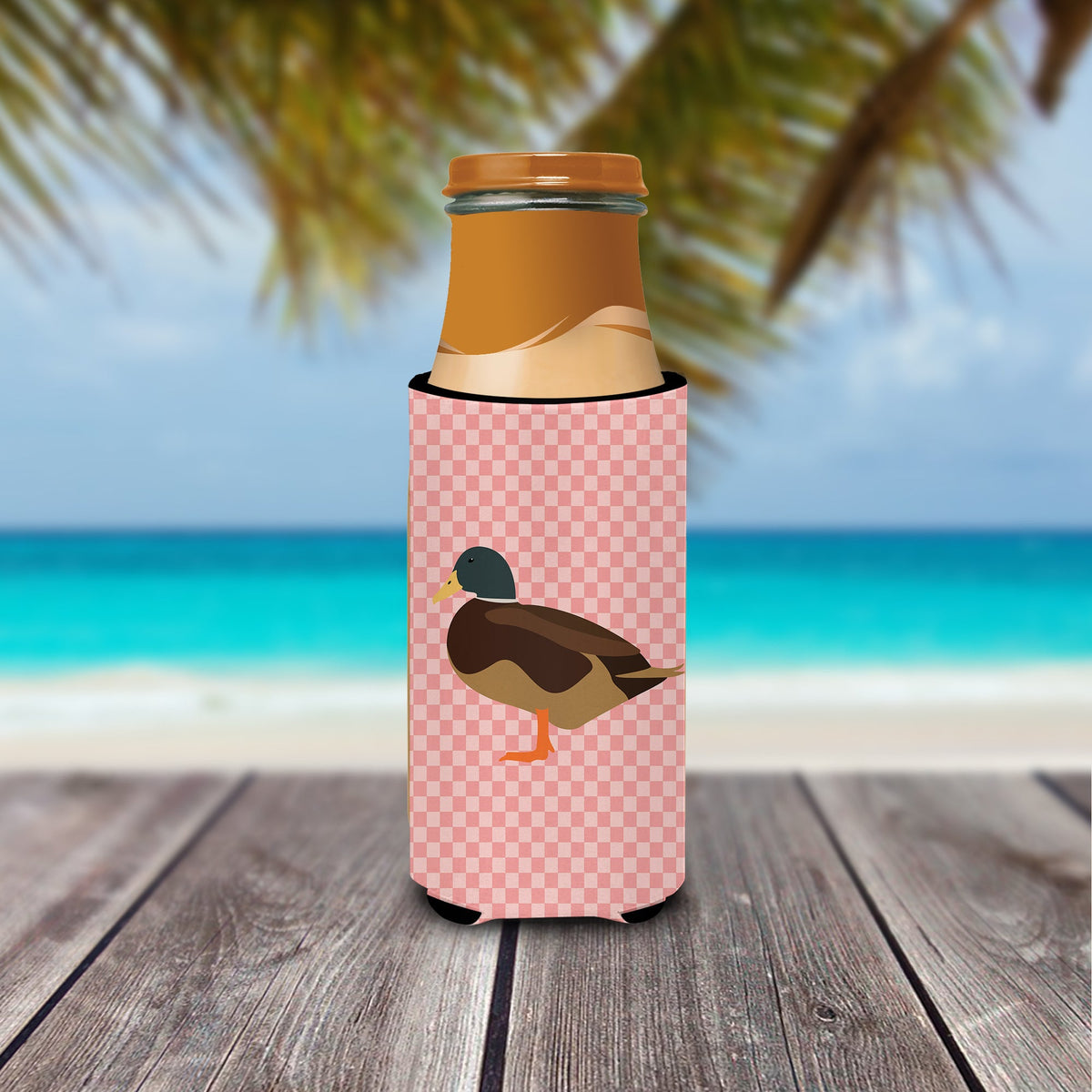 Silver Bantam Duck Pink Check Slim Can Hugger , Insulated Foam Hugger for 12 oz Slim Cans, Beer Bottles & Water Bottles, Printed in USA