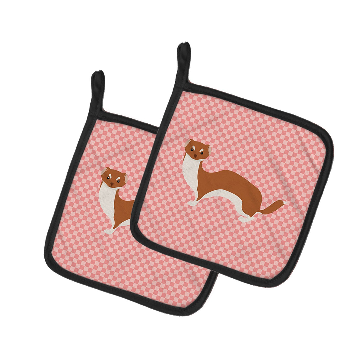 Weasel Pink Check Pot Holder Set of 2 Heat Resistant Quilted Hot Pads 7.5 x 7.5 Inch, Insulated Kitchen Trivets for Cooking & Baking