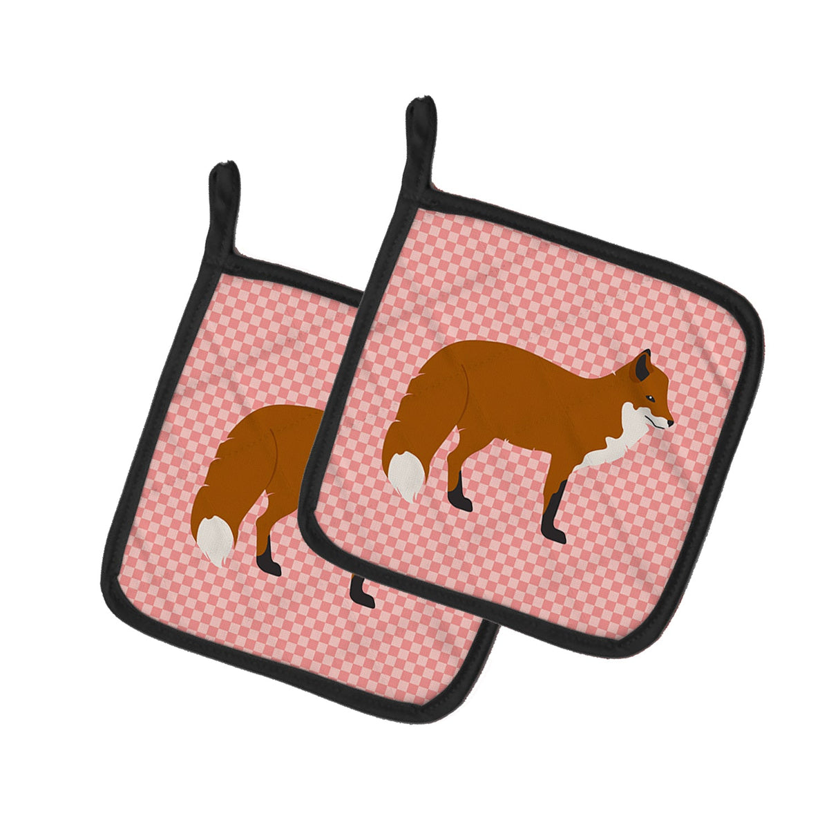 Red Fox Pink Check Pot Holder Set of 2 Heat Resistant Quilted Hot Pads 7.5 x 7.5 Inch, Insulated Kitchen Trivets for Cooking & Baking