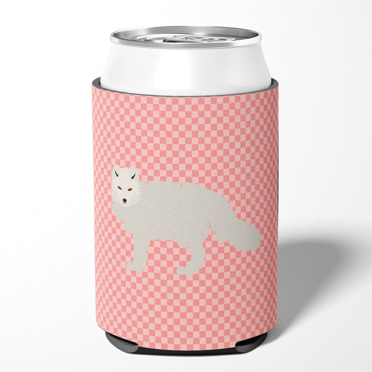 White Arctic Fox Pink Check Can or Bottle Hugger Cooler Sleeve for Standard 12 oz Cans, Insulated Foam Beer & Soda Can Hugger Reusable