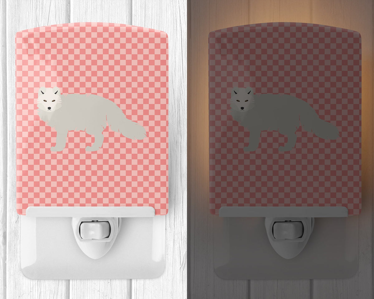 White Arctic Fox Pink Check Ceramic Night Light Compact, UL-Certified, Ideal for Bedroom, Bathroom, Nursery, Hallway, Kitchen, 6x4x3, Multicolor