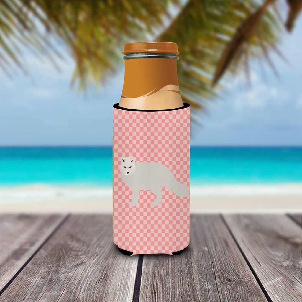White Arctic Fox Pink Check Slim Can Hugger , Insulated Foam Hugger for 12 oz Slim Cans, Beer Bottles & Water Bottles, Printed in USA
