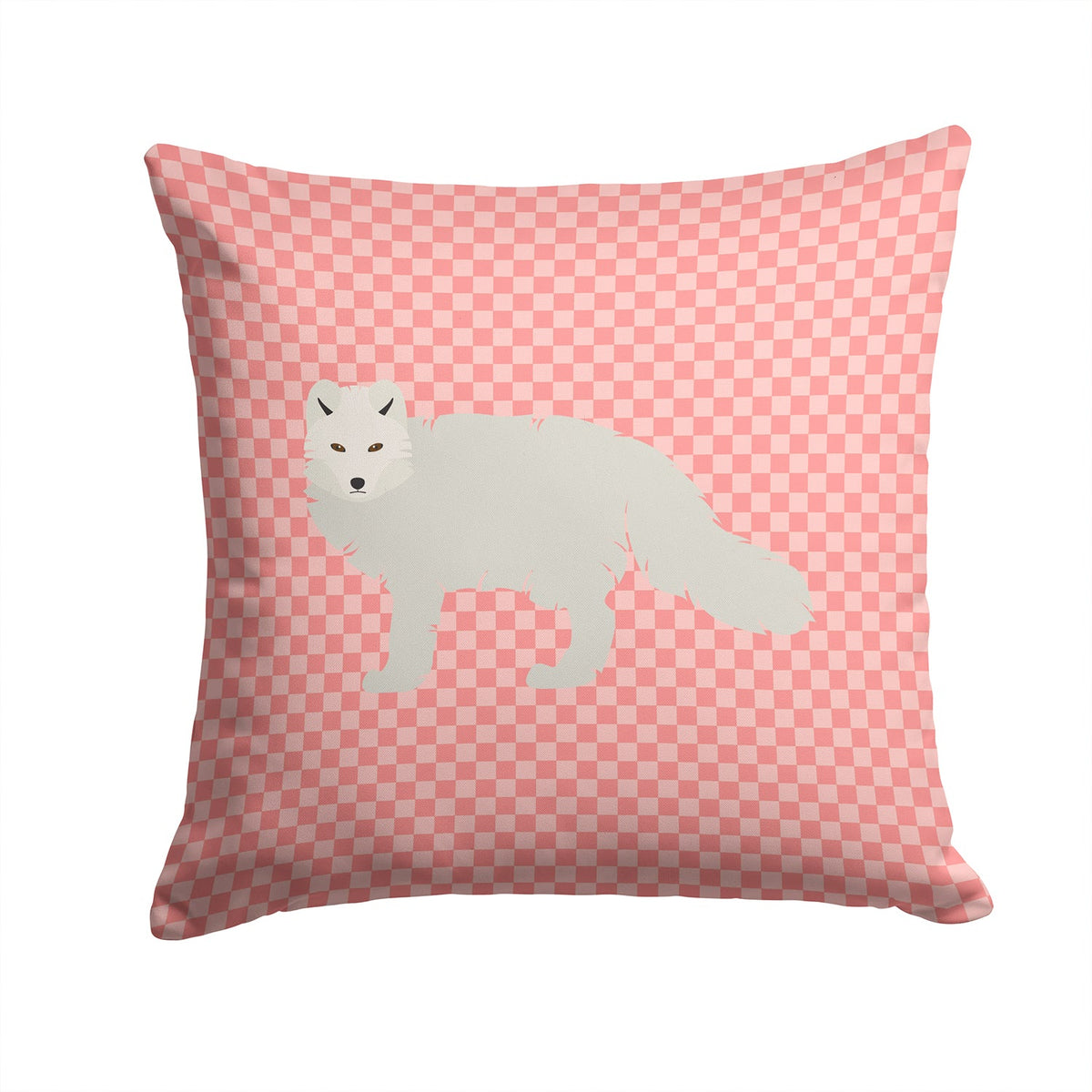 White Arctic Fox Pink Check Decorative Throw Pillow 14x14 Indoor Outdoor Accent Cushion, Fabric Cover with Insert for Sofa, Bed, Porch & Living Room