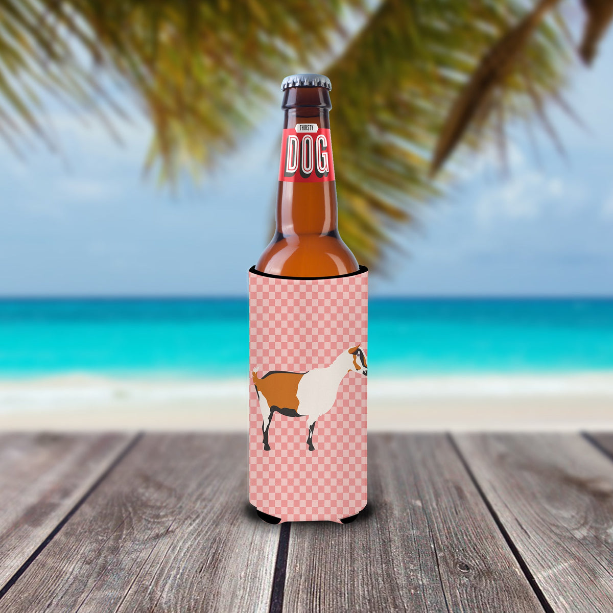 Alpine Goat Pink Check Slim Can Hugger , Insulated Foam Hugger for 12 oz Slim Cans, Beer Bottles & Water Bottles, Printed in USA
