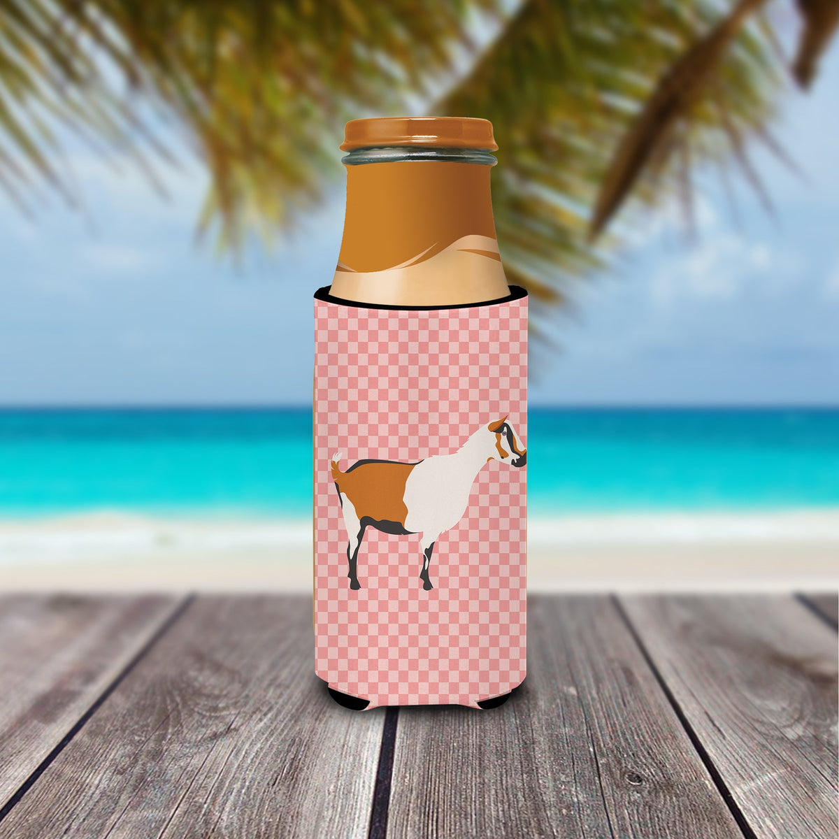 Alpine Goat Pink Check Slim Can Hugger , Insulated Foam Hugger for 12 oz Slim Cans, Beer Bottles & Water Bottles, Printed in USA