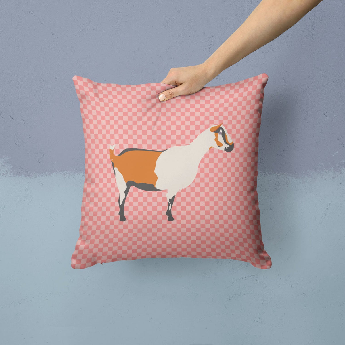 Alpine Goat Pink Check Decorative Throw Pillow 14x14 Indoor Outdoor Accent Cushion, Fabric Cover with Insert for Sofa, Bed, Porch & Living Room