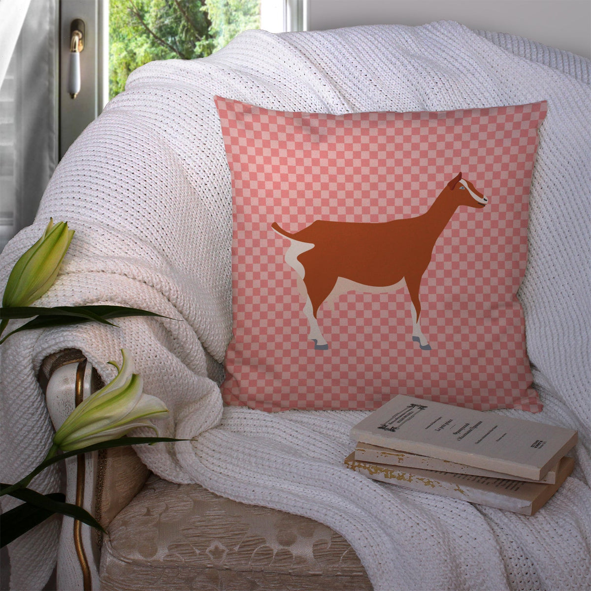 Toggenburger Goat Pink Check Decorative Throw Pillow 14x14 Indoor Outdoor Accent Cushion, Fabric Cover with Insert for Sofa, Bed, Porch & Living Room
