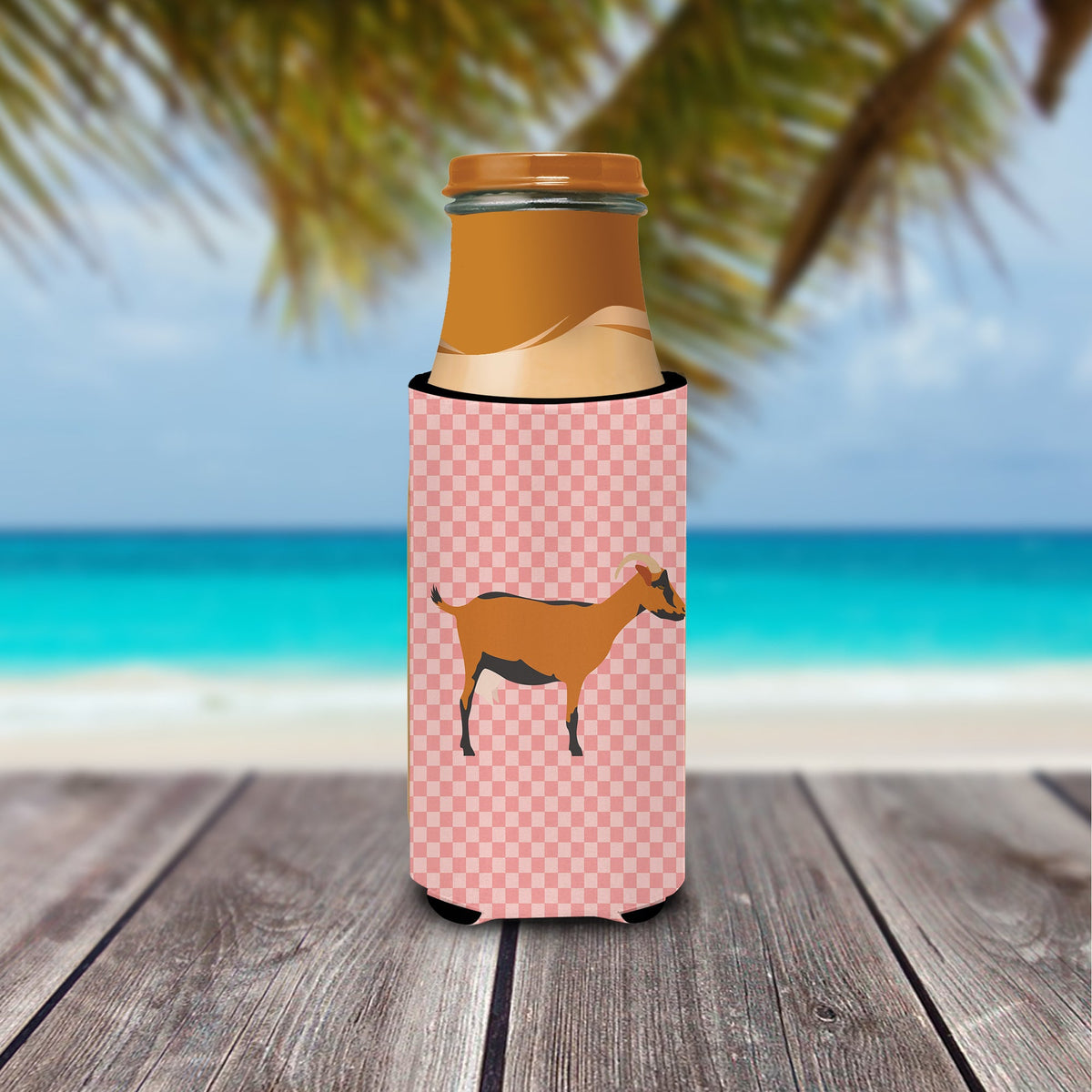 Oberhasli Goat Pink Check Slim Can Hugger , Insulated Foam Hugger for 12 oz Slim Cans, Beer Bottles & Water Bottles, Printed in USA