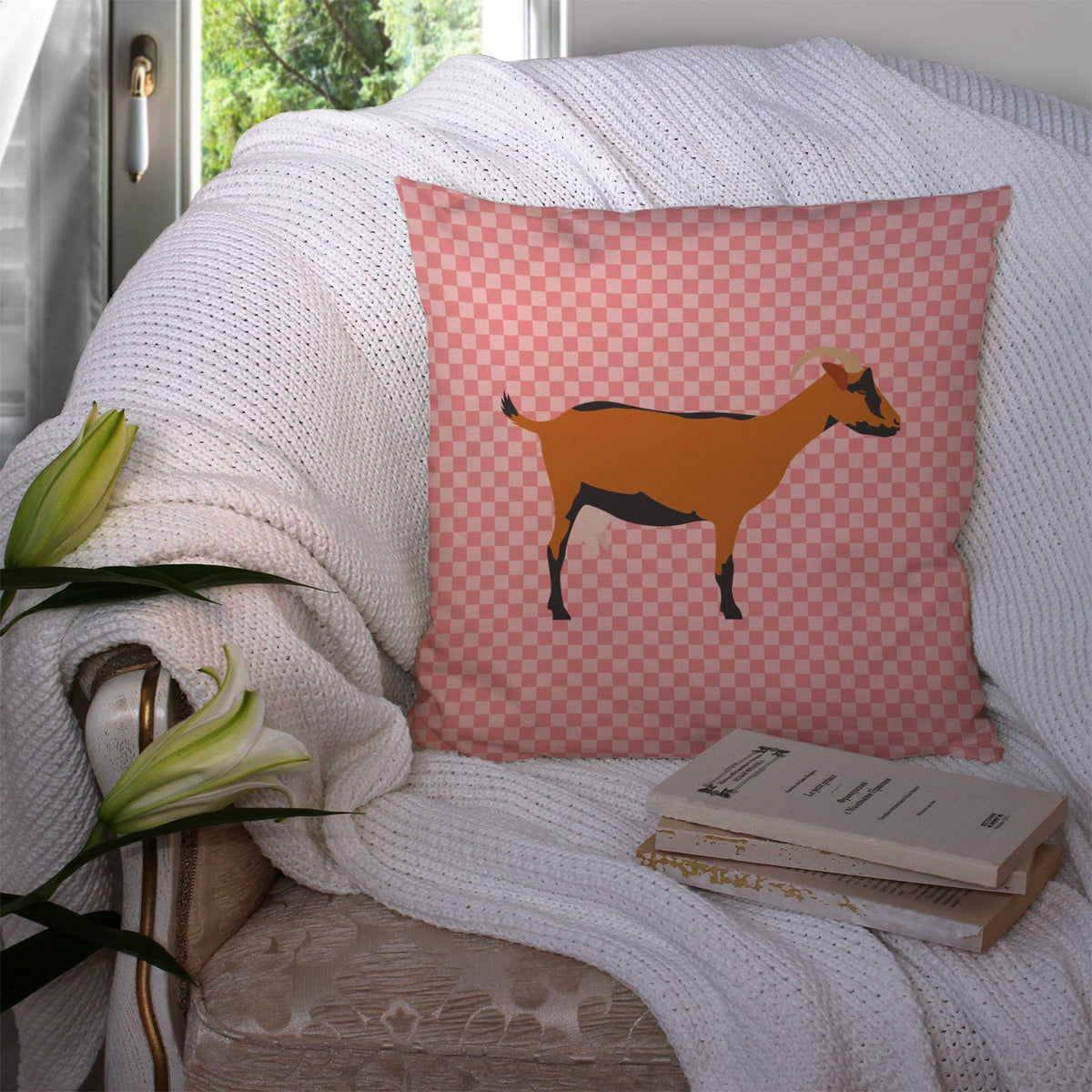 Oberhasli Goat Pink Check Decorative Throw Pillow 14x14 Indoor Outdoor Accent Cushion, Fabric Cover with Insert for Sofa, Bed, Porch & Living Room