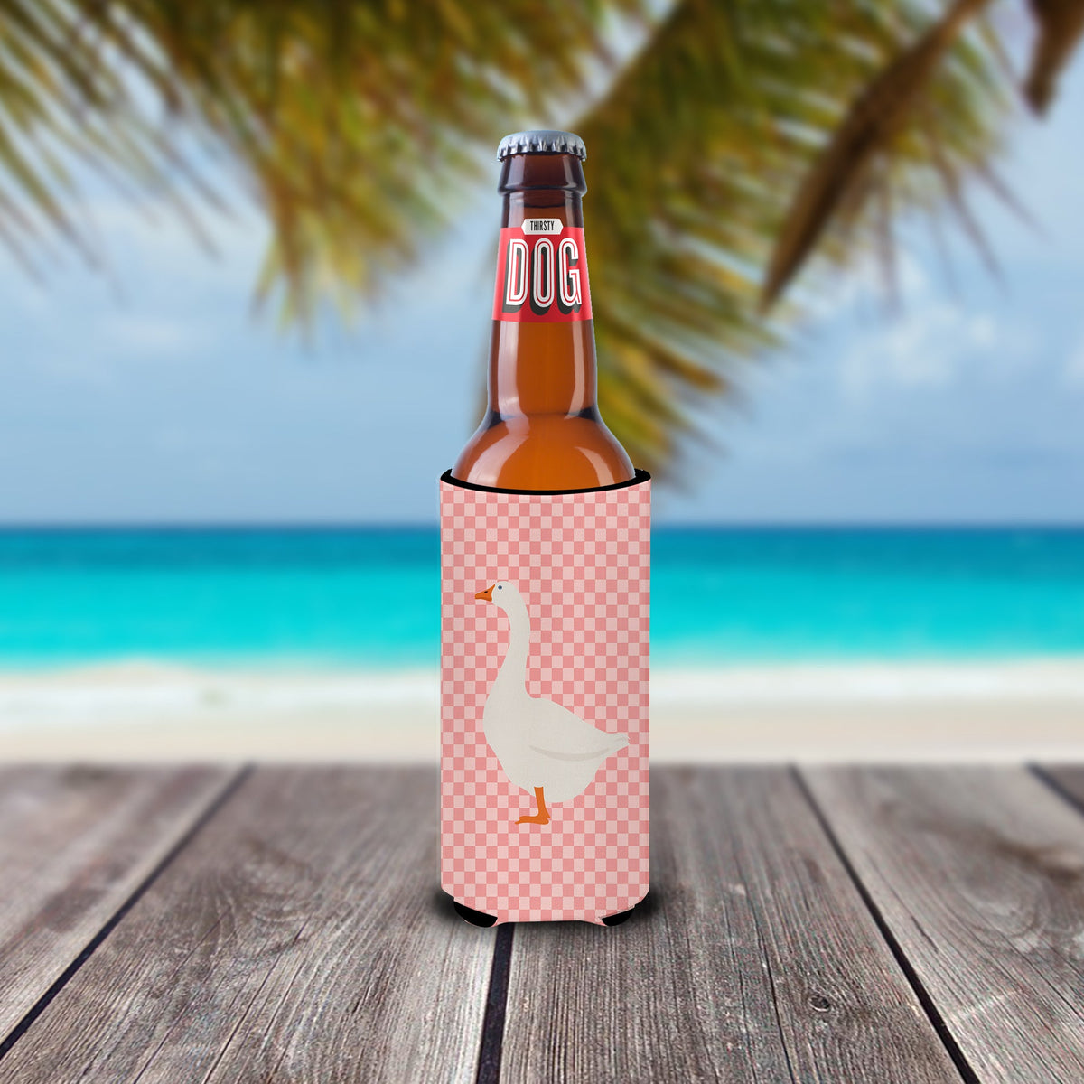 Embden Goose Pink Check Slim Can Hugger , Insulated Foam Hugger for 12 oz Slim Cans, Beer Bottles & Water Bottles, Printed in USA
