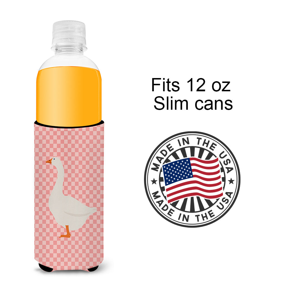 Embden Goose Pink Check Slim Can Hugger , Insulated Foam Hugger for 12 oz Slim Cans, Beer Bottles & Water Bottles, Printed in USA