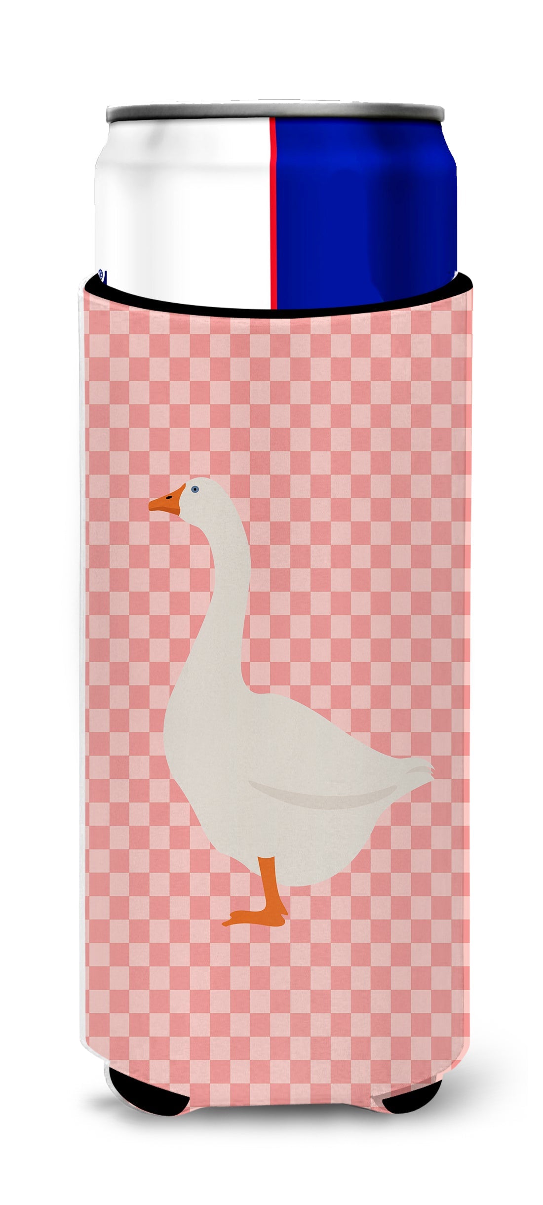 Embden Goose Pink Check Slim Can Hugger , Insulated Foam Hugger for 12 oz Slim Cans, Beer Bottles & Water Bottles, Printed in USA