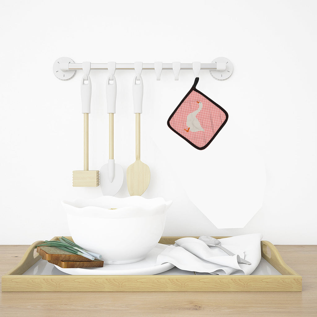 Embden Goose Pink Check Pot Holder Set of 2 Heat Resistant Quilted Hot Pads 7.5 x 7.5 Inch, Insulated Kitchen Trivets for Cooking & Baking