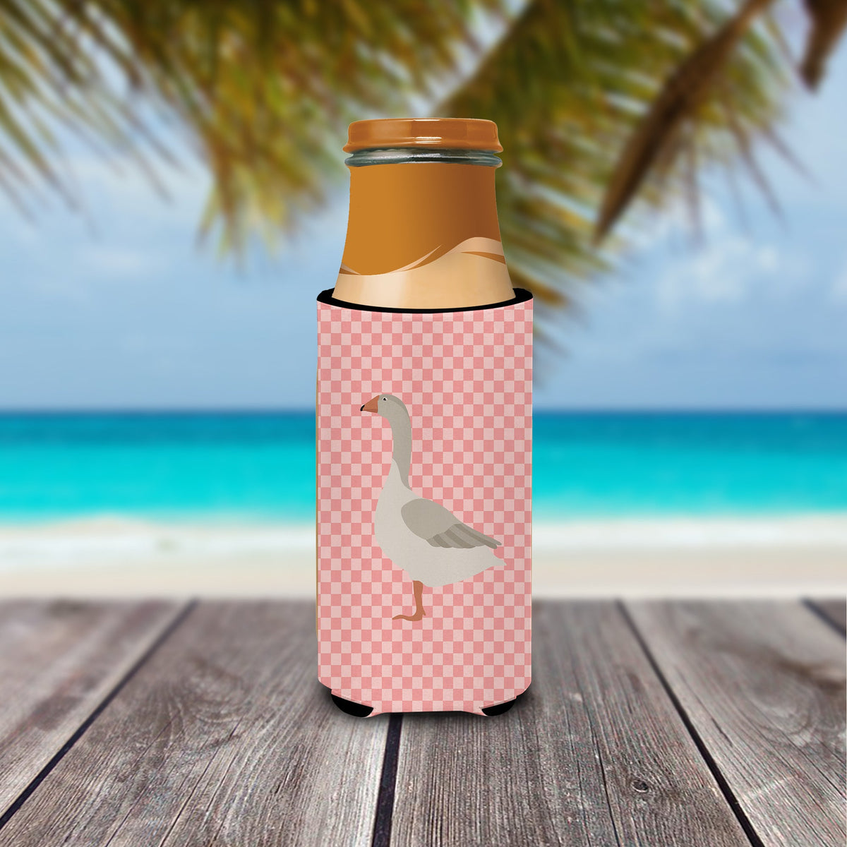 Steinbacher Goose Pink Check Slim Can Hugger , Insulated Foam Hugger for 12 oz Slim Cans, Beer Bottles & Water Bottles, Printed in USA