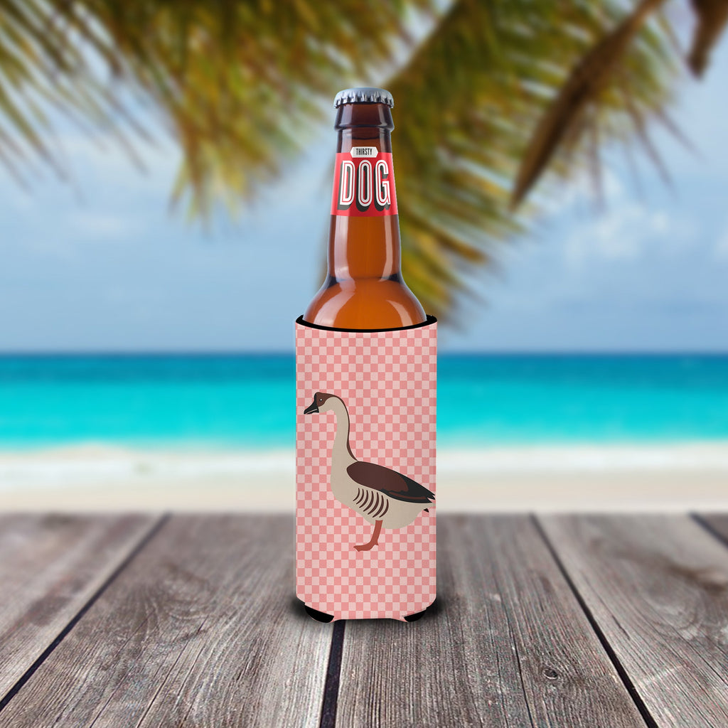 Chinese Goose Pink Check Slim Can Hugger , Insulated Foam Hugger for 12 oz Slim Cans, Beer Bottles & Water Bottles, Printed in USA