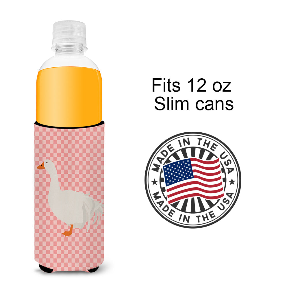 Sebastopol Goose Pink Check Slim Can Hugger , Insulated Foam Hugger for 12 oz Slim Cans, Beer Bottles & Water Bottles, Printed in USA