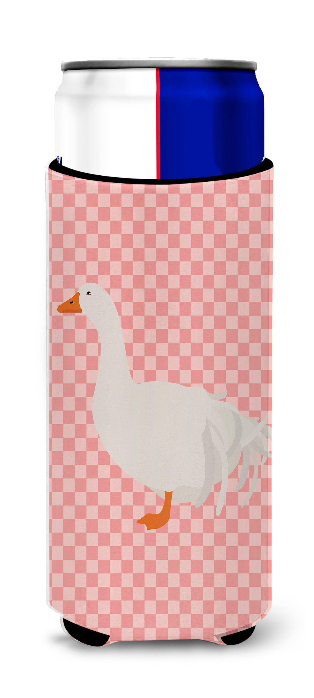 Sebastopol Goose Pink Check Slim Can Hugger , Insulated Foam Hugger for 12 oz Slim Cans, Beer Bottles & Water Bottles, Printed in USA