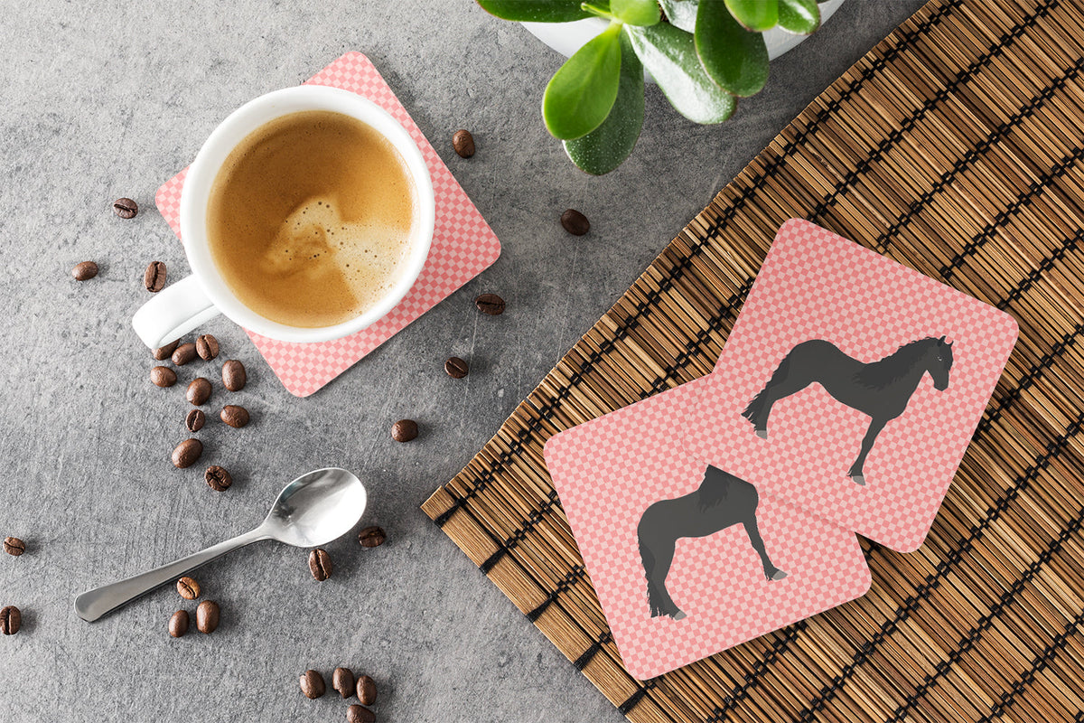 Friesian Horse Pink Check Foam Coasters Set of 4 Cup Coasters for Indoor Outdoor, Tabletop Protection, Anti Slip, Mouse pad Material