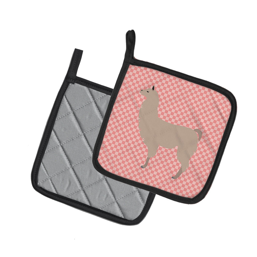 Llama Pink Check Pot Holder Set of 2 Heat Resistant Quilted Hot Pads 7.5 x 7.5 Inch, Insulated Kitchen Trivets for Cooking & Baking