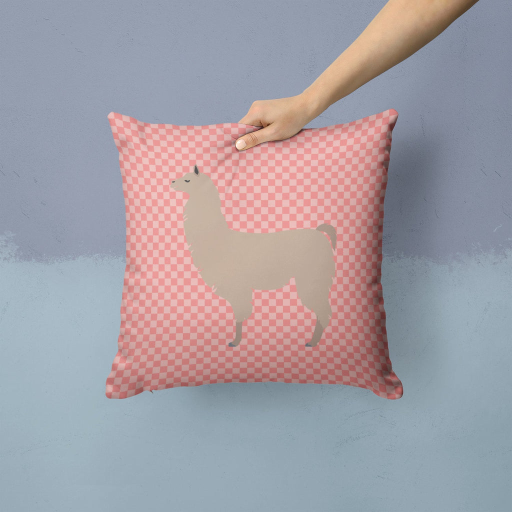 Llama Pink Check Decorative Throw Pillow 14x14 Indoor Outdoor Accent Cushion, Fabric Cover with Insert for Sofa, Bed, Porch & Living Room