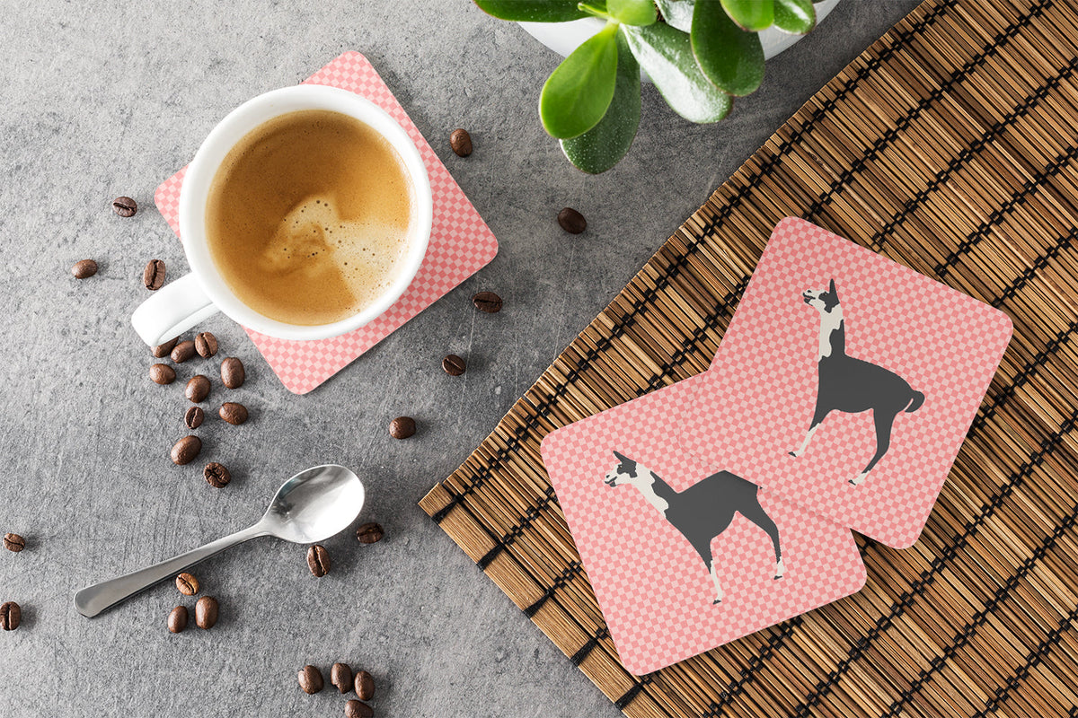 Llama Q' Ara Pink Check Foam Coasters Set of 4 Cup Coasters for Indoor Outdoor, Tabletop Protection, Anti Slip, Mouse pad Material