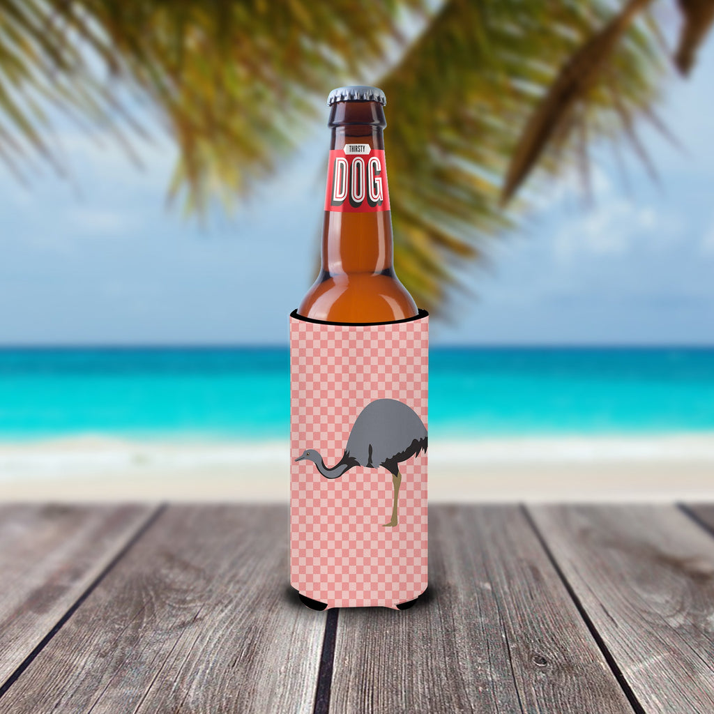 Rhea  Pink Check Slim Can Hugger , Insulated Foam Hugger for 12 oz Slim Cans, Beer Bottles & Water Bottles, Printed in USA