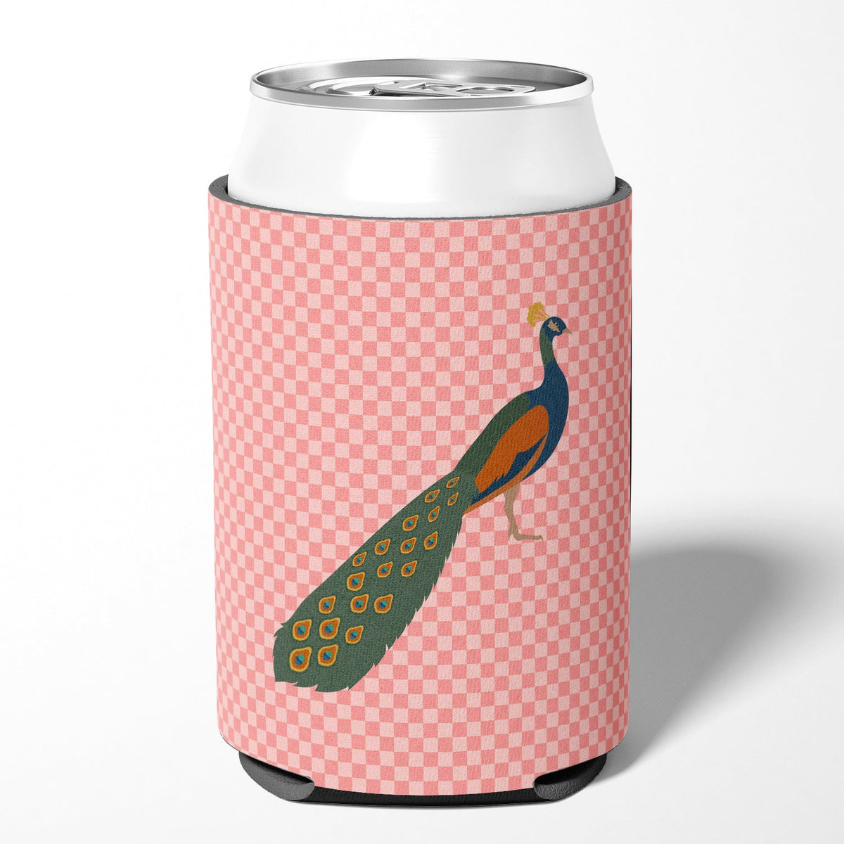 Indian Peacock Peafowl Pink Check Can or Bottle Hugger Cooler Sleeve for Standard 12 oz Cans, Insulated Foam Beer & Soda Can Hugger Reusable