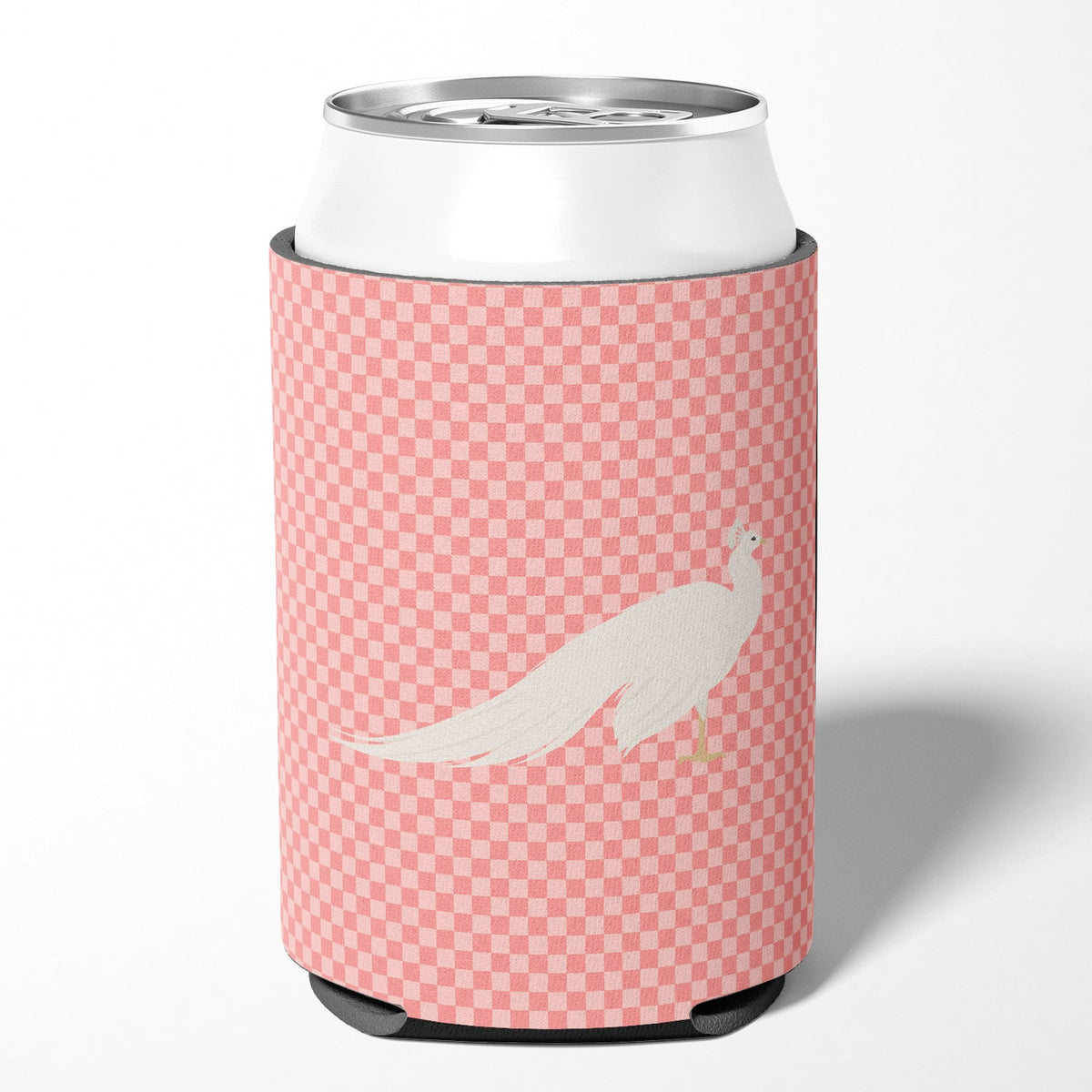 White Peacock Peafowl Pink Check Can or Bottle Hugger Cooler Sleeve for Standard 12 oz Cans, Insulated Foam Beer & Soda Can Hugger Reusable