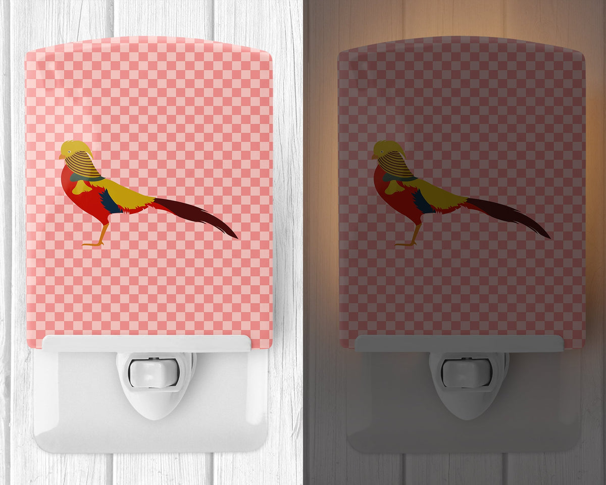 Golden or Chinese Pheasant Pink Check Ceramic Night Light Compact, UL-Certified, Ideal for Bedroom, Bathroom, Nursery, Hallway, Kitchen, 6x4x3, Multicolor