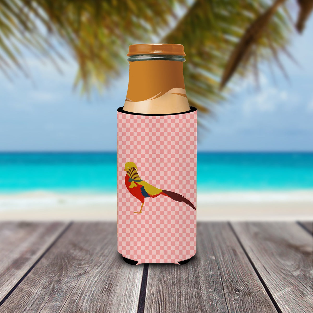 Golden or Chinese Pheasant Pink Check Slim Can Hugger , Insulated Foam Hugger for 12 oz Slim Cans, Beer Bottles & Water Bottles, Printed in USA
