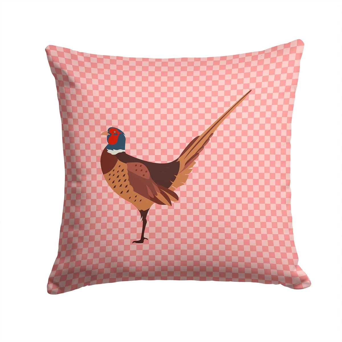 Ring-necked Common Pheasant Pink Check Decorative Throw Pillow 14x14 Indoor Outdoor Accent Cushion, Fabric Cover with Insert for Sofa, Bed, Porch & Living Room