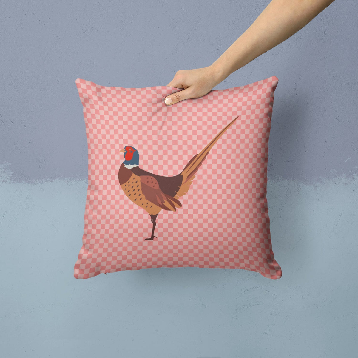 Ring-necked Common Pheasant Pink Check Decorative Throw Pillow 14x14 Indoor Outdoor Accent Cushion, Fabric Cover with Insert for Sofa, Bed, Porch & Living Room