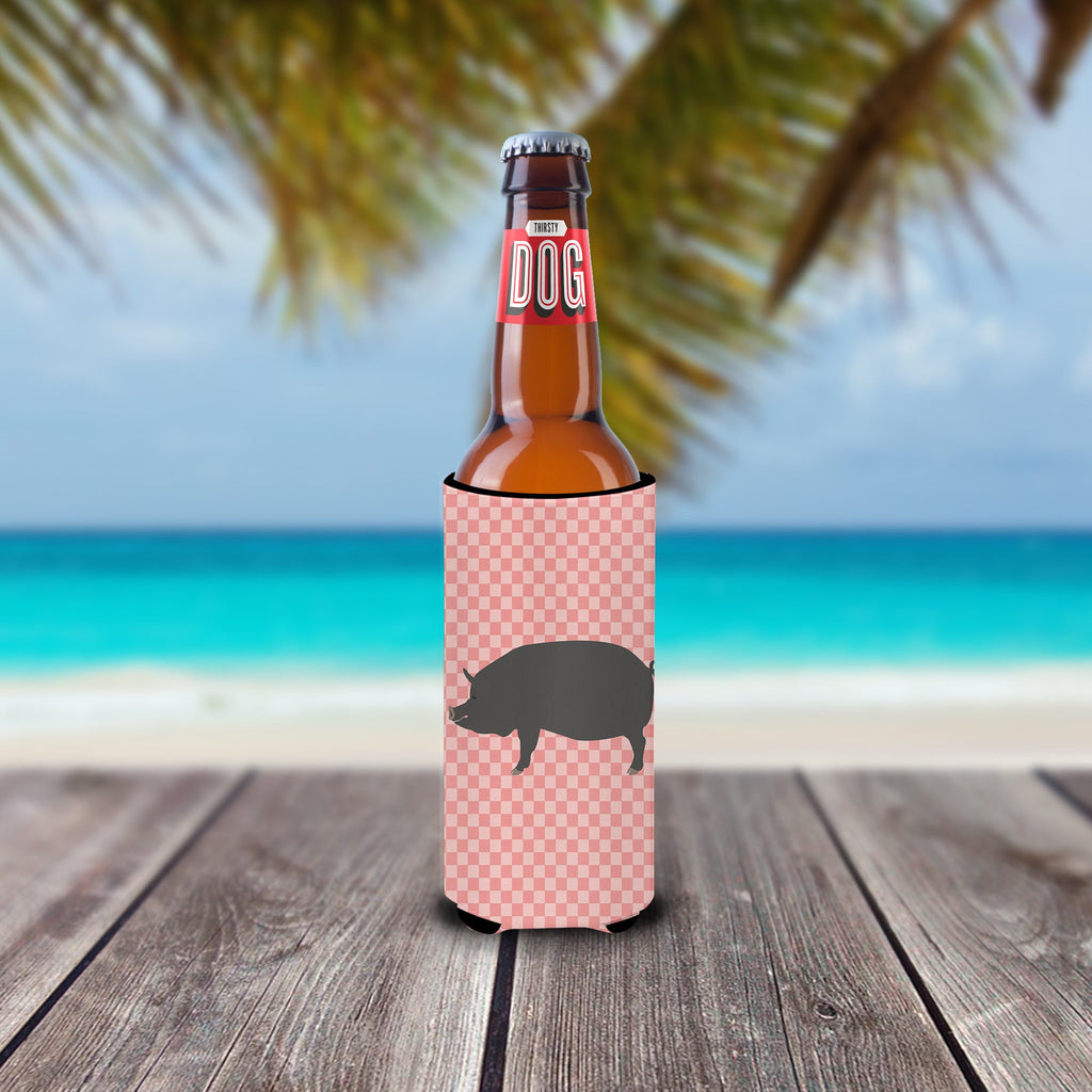 Berkshire Pig Pink Check Slim Can Hugger , Insulated Foam Hugger for 12 oz Slim Cans, Beer Bottles & Water Bottles, Printed in USA