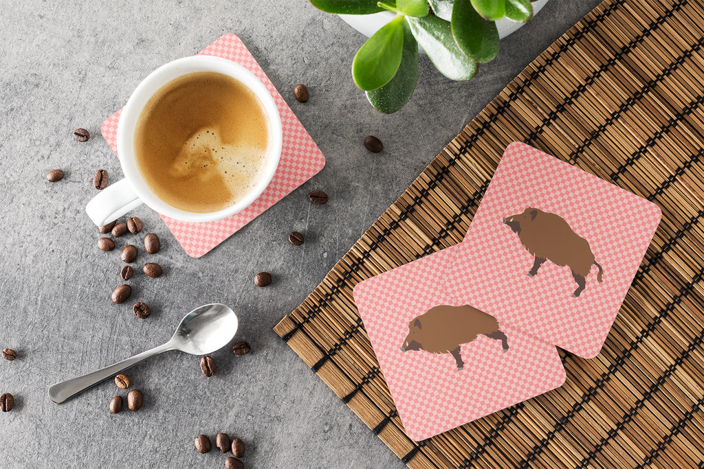 Wild Boar Pig Pink Check Foam Coasters Set of 4 Cup Coasters for Indoor Outdoor, Tabletop Protection, Anti Slip, Mouse pad Material