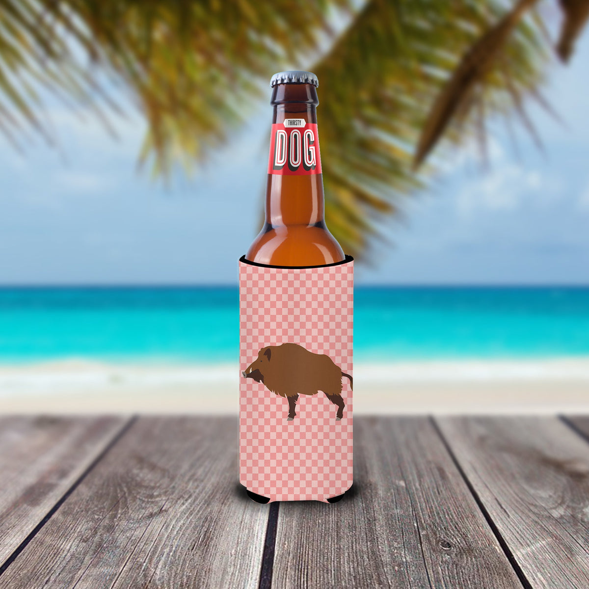 Wild Boar Pig Pink Check Slim Can Hugger , Insulated Foam Hugger for 12 oz Slim Cans, Beer Bottles & Water Bottles, Printed in USA