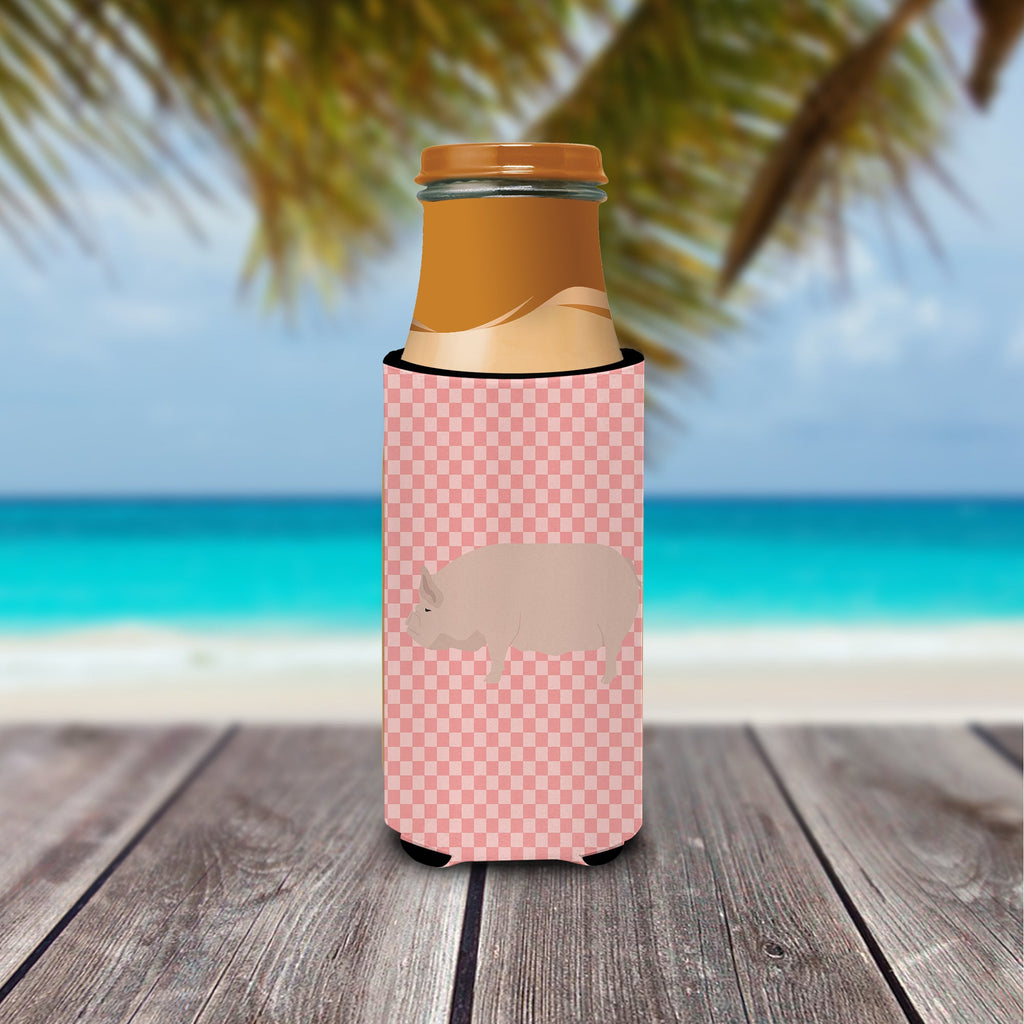 Welsh Pig Pink Check Slim Can Hugger , Insulated Foam Hugger for 12 oz Slim Cans, Beer Bottles & Water Bottles, Printed in USA
