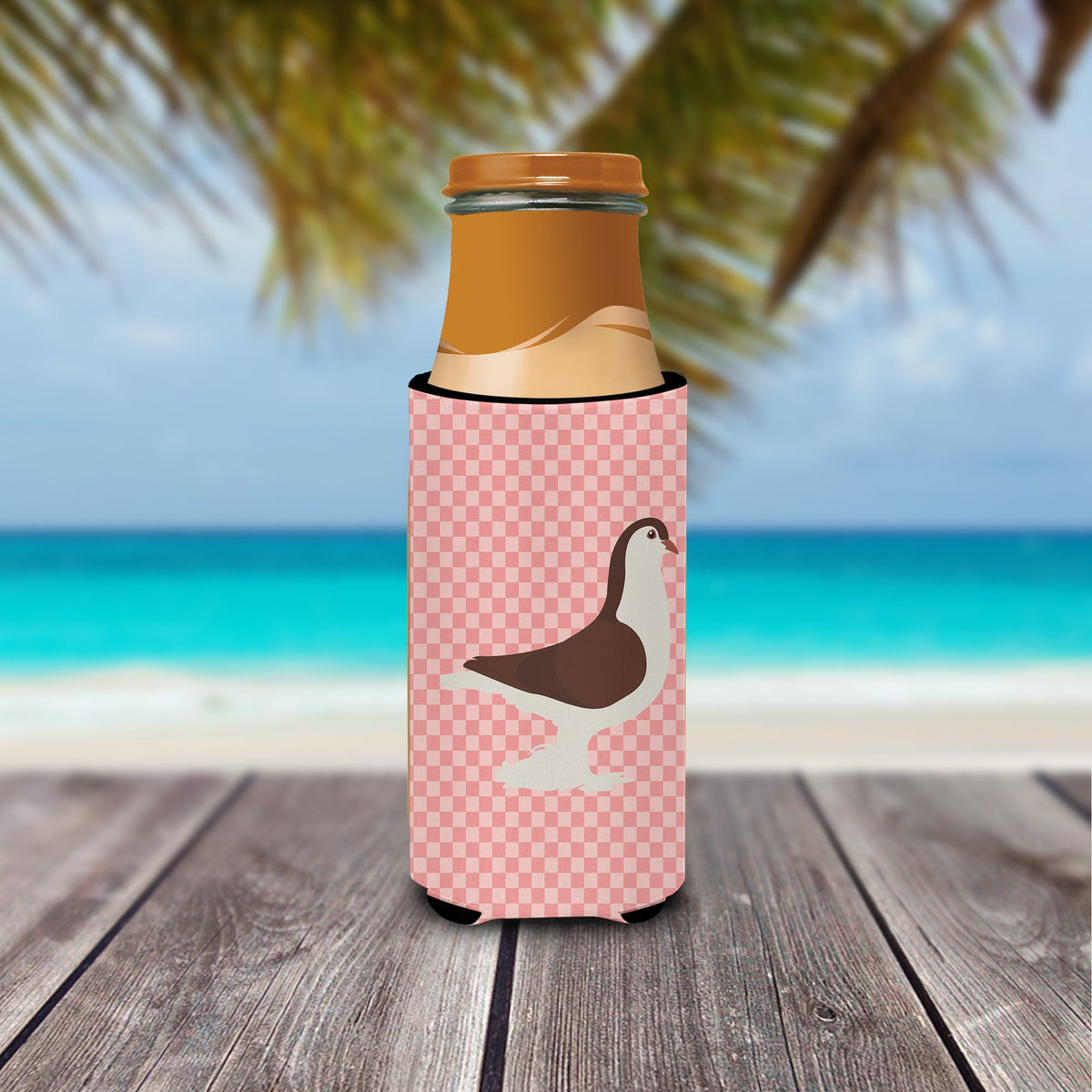 Large Pigeon Pink Check Slim Can Hugger , Insulated Foam Hugger for 12 oz Slim Cans, Beer Bottles & Water Bottles, Printed in USA