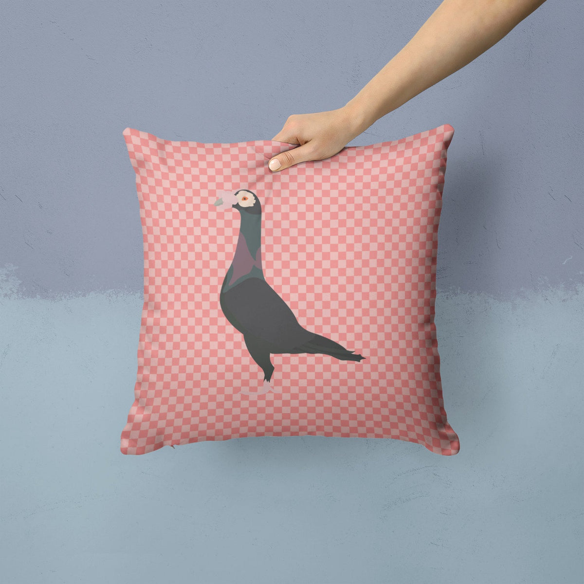 English Carrier Pigeon Pink Check Decorative Throw Pillow 14x14 Indoor Outdoor Accent Cushion, Fabric Cover with Insert for Sofa, Bed, Porch & Living Room